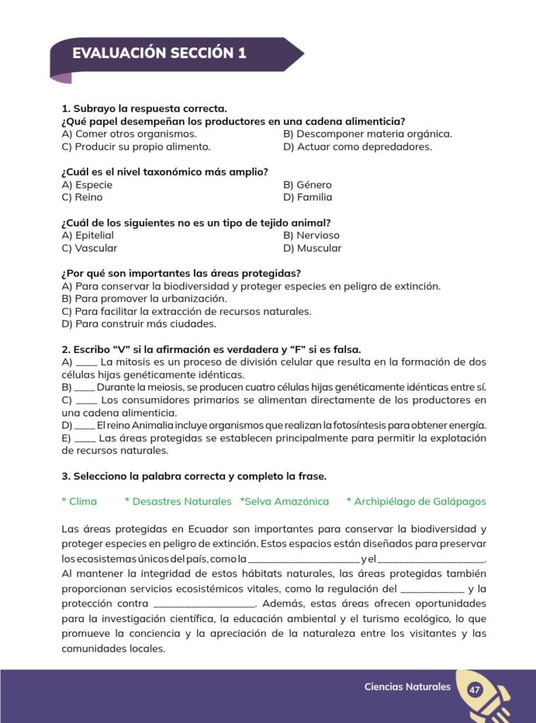 CIENCIAS NATURALES - Educación General Básica - Subnivel Sup - Página 48 - Evaluación Resuelto