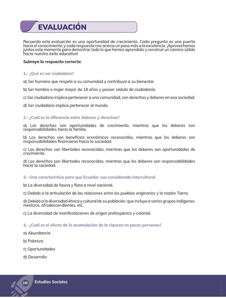 ESTUDIOS SOCIALES - Educación General Básica - Subnivel Supe - Página 187 - Evaluación Resuelto