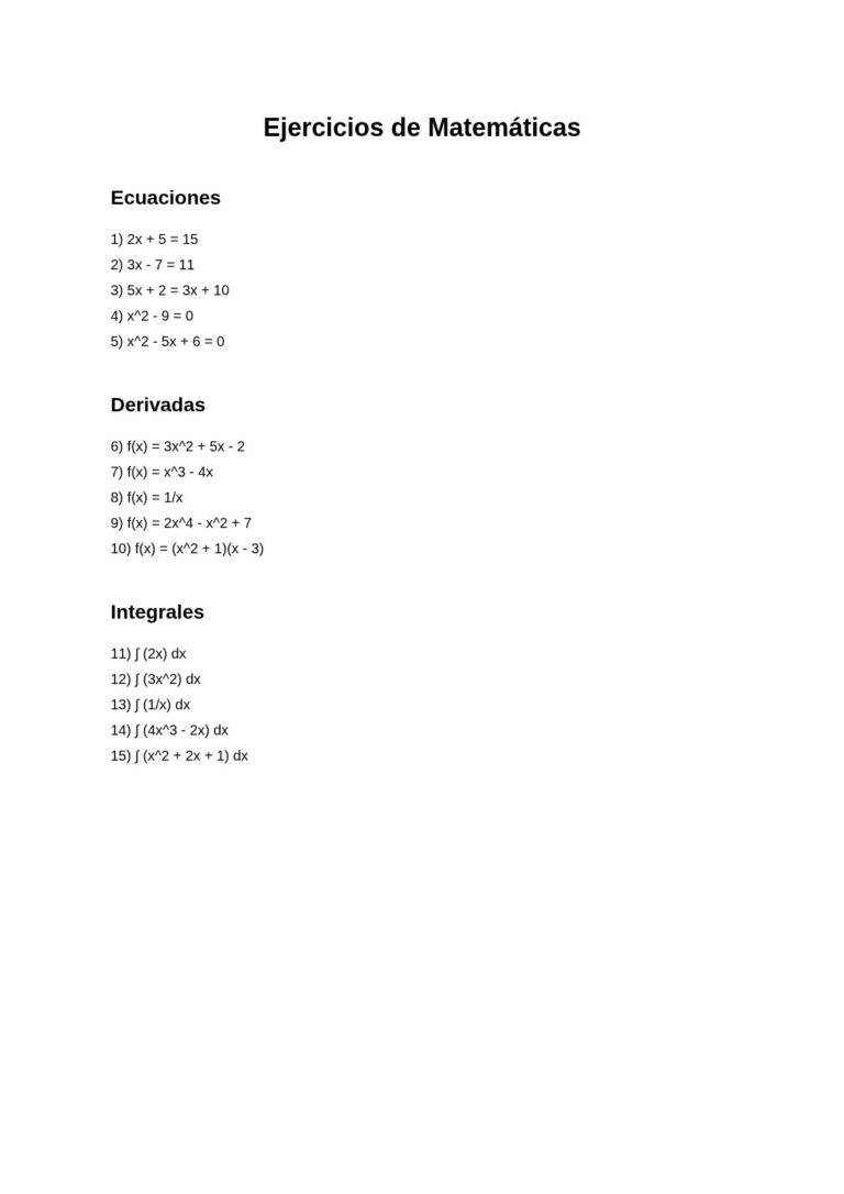 Portada del libro Ejercicios de Matemáticas - Ecuaciones, Derivadas e Integrales